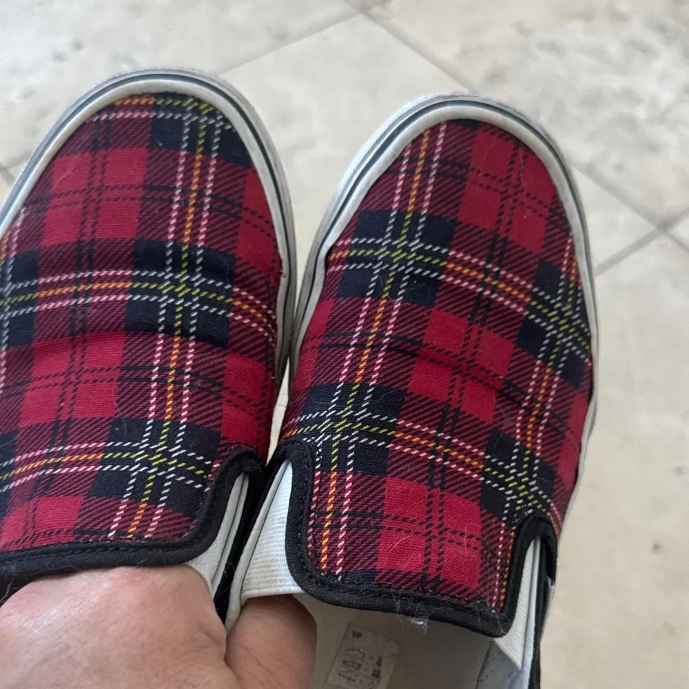 Vans Red and Black Plaid Slip-On Sneakers - Picture 2 of 6